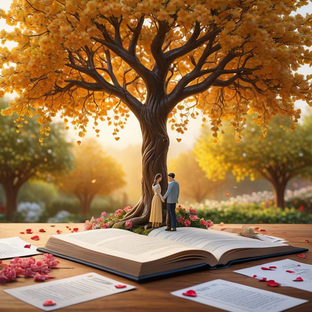 A romantic scene featuring a couple holding hands while reviewing insurance documents together, surrounded by symbols of love like hearts and intertwined vines. In the background, a whimsical tree symbolizes growth and protection, blending love themes with elements like a house and a shield to represent insurance. Soft warm colors enhance the emotional connection. super-realistic. vibrant colors. nature-themed.