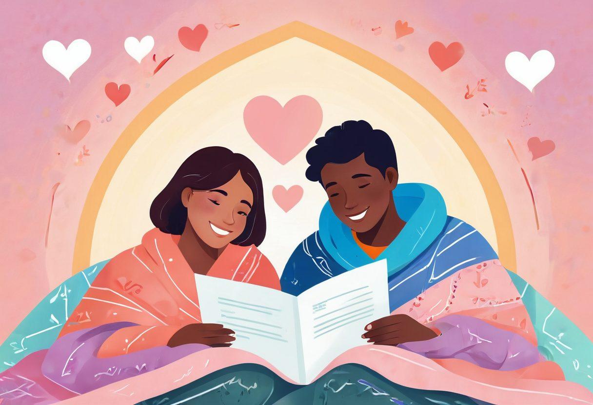 A warm and inviting scene of a couple sitting together under a cozy blanket, reviewing insurance documents with smiles and trust in their eyes. Surround them with symbols of love and security, like hearts and a shield in the background. Include soft, pastel colors to evoke a sense of comfort and protection. Elements representing various insurance plans subtly integrated, like a home, car, and medical icons. cozy illustration. soft colors.