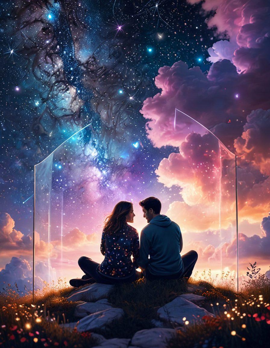 A romantic scene of a couple sitting together under a starry sky, with a protective shield or umbrella made of hearts around them, symbolizing risk management. In the background, soft glowing lights and safety icons subtly embedded in the clouds, portraying security and affection. The couple is smiling, displaying warmth and love while looking relaxed and safe. The overall mood should be enchanting and inviting. vibrant colors. soft focus. romantic illustration.